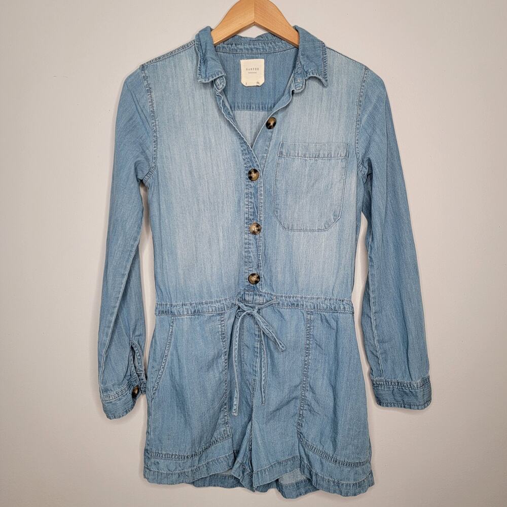 Harper Anthropologie Chambray Denim Romper Shorts Boho Retro 70s Hippie Size S